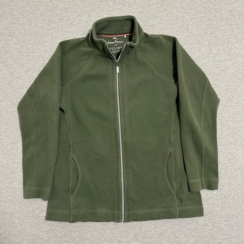 Tommy Bahama Full Zip Mock Neck Cotton Sweatshirt Olive Green Womens Large